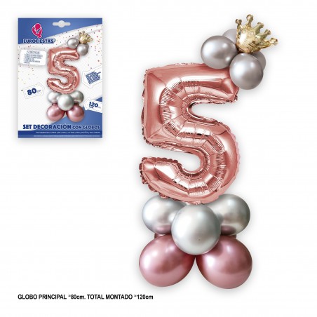 Set di palloncini foil a forma di corona 80 cm 5 rosa argento