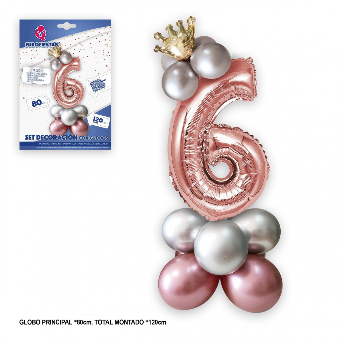 Set palloncini in foil corona 80cm 6 argento rosa