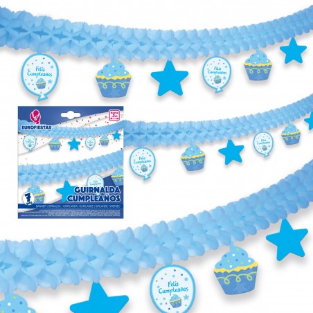 Ghirlanda di carta felice compleanno celeste