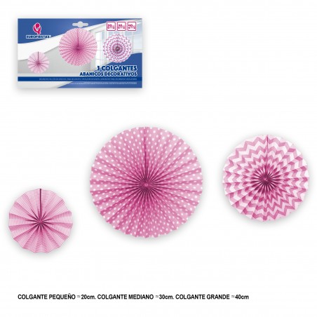 Set di 3 pompon rosa decorativi da appendere.