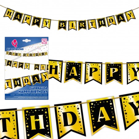 Ghirlanda buon compleanno bandierine oro e nero