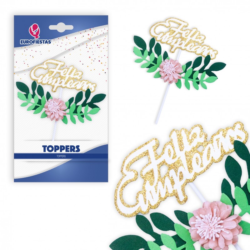 Buon compleanno topper. foglie con fiore