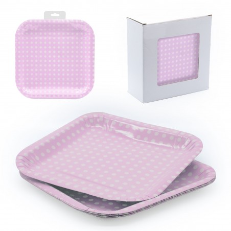 Piatto 6 quadrati torta 22x22 pois rosa