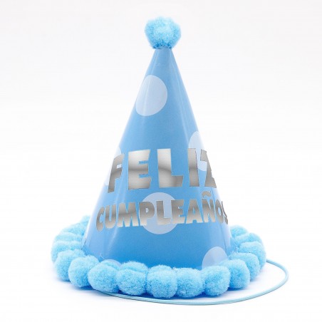 Cappello pompon 12 5cm buon compleanno blu