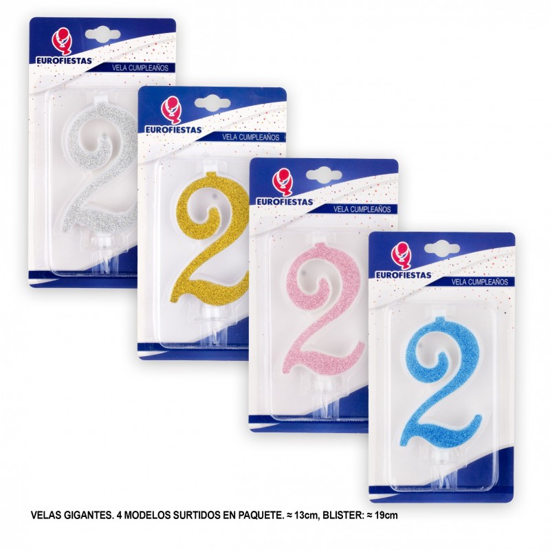 Candela gigante glitter numero 2 colori assortiti