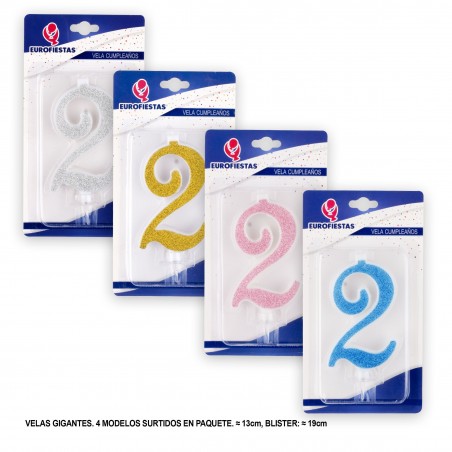 Candela gigante glitter numero 2 colori assortiti