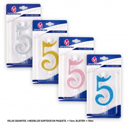 Candela gigante glitter numero 5 colori assortiti