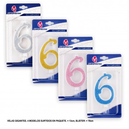 Candela gigante glitter numero 6 colori assortiti