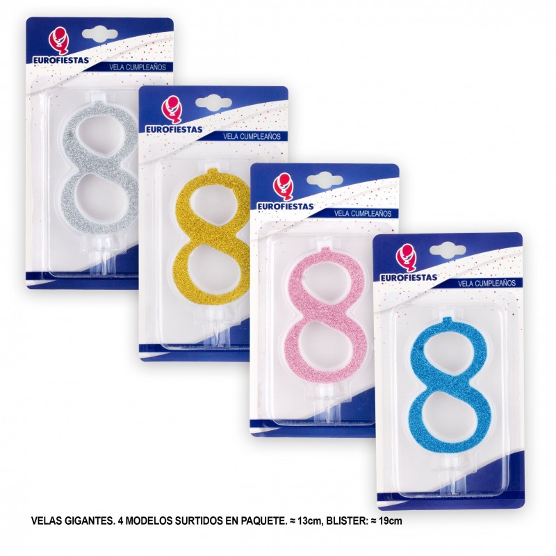 Candela gigante glitter numero 8 colori assortiti