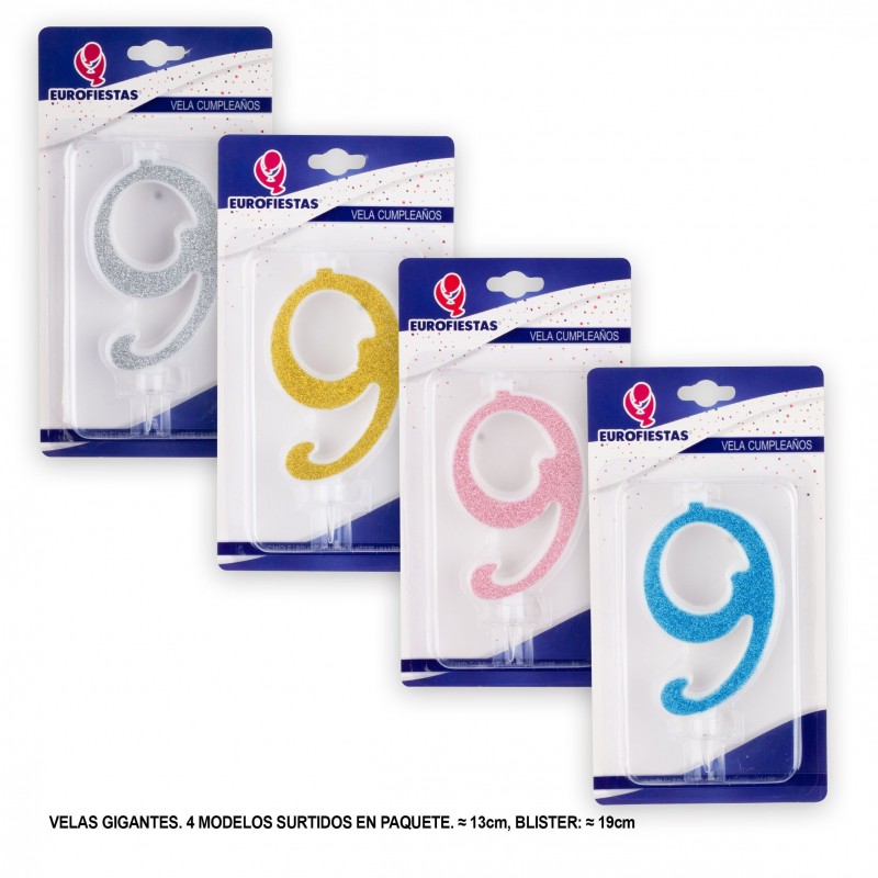 Candela gigante glitter numero 9 colori assortiti