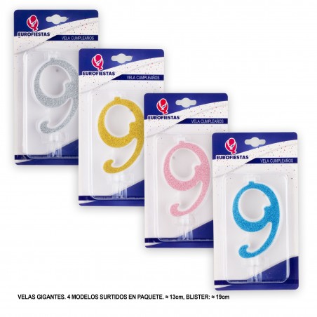 Candela gigante glitter numero 9 colori assortiti