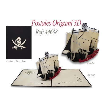 Postal 3d origami barca pirata