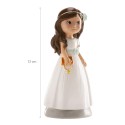 Figura di bambina per torta di comunione con vestito bianco e rosario