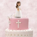 Figura di bambina per torta di comunione con vestito bianco e rosario