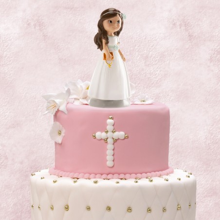 Figura di bambina per torta di comunione con vestito bianco e rosario