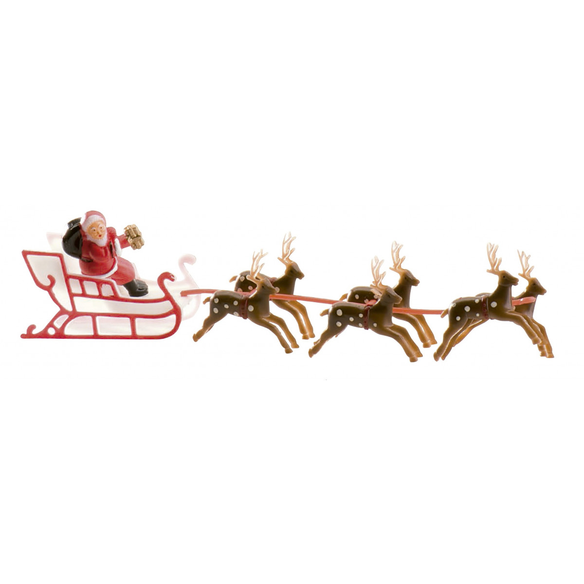 Figura di Babbo Natale su slitta con renne per decorazione di torte natalizie