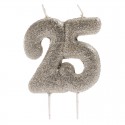 Candela numero 25 con glitter argento Decorazione brillante per celebrazioni
