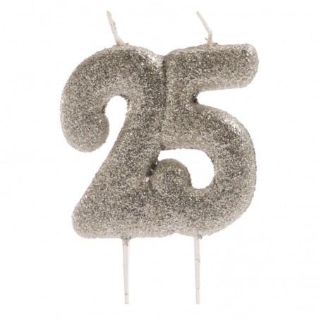 Candela numero 25 con glitter argento Decorazione brillante per celebrazioni