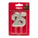 Candela numero 25 con glitter argento Decorazione brillante per celebrazioni