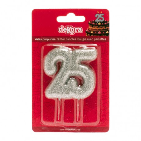 Candela numero 25 con glitter argento Decorazione brillante per celebrazioni