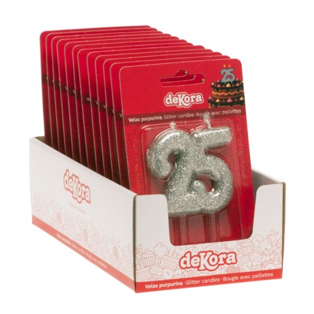 Candela numero 25 con glitter argento Decorazione brillante per celebrazioni
