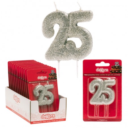 Candela numero 25 con glitter argento Decorazione brillante per celebrazioni