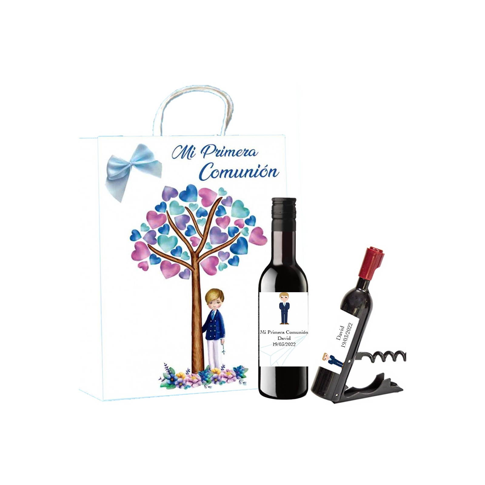 Bottiglia di vino e cavatappi personalizzati nella borsa per la comunione del ragazzo