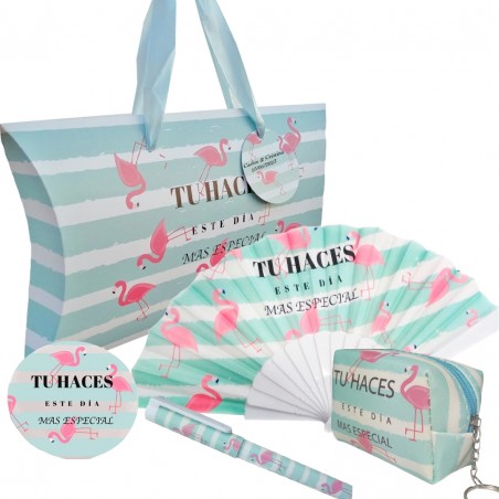 Specchio con ventaglio, borsa e penna presentati in una scatola flamenco personalizzata