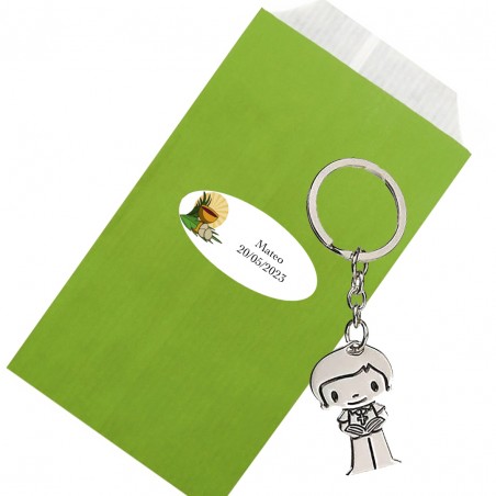 Portachiavi per bambino della comunione in busta kraft verde personalizzata