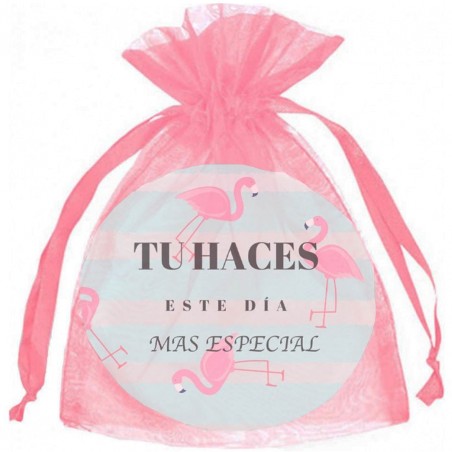 Specchio flamingo in sacchetto di organza rosa bubblegum per ospiti