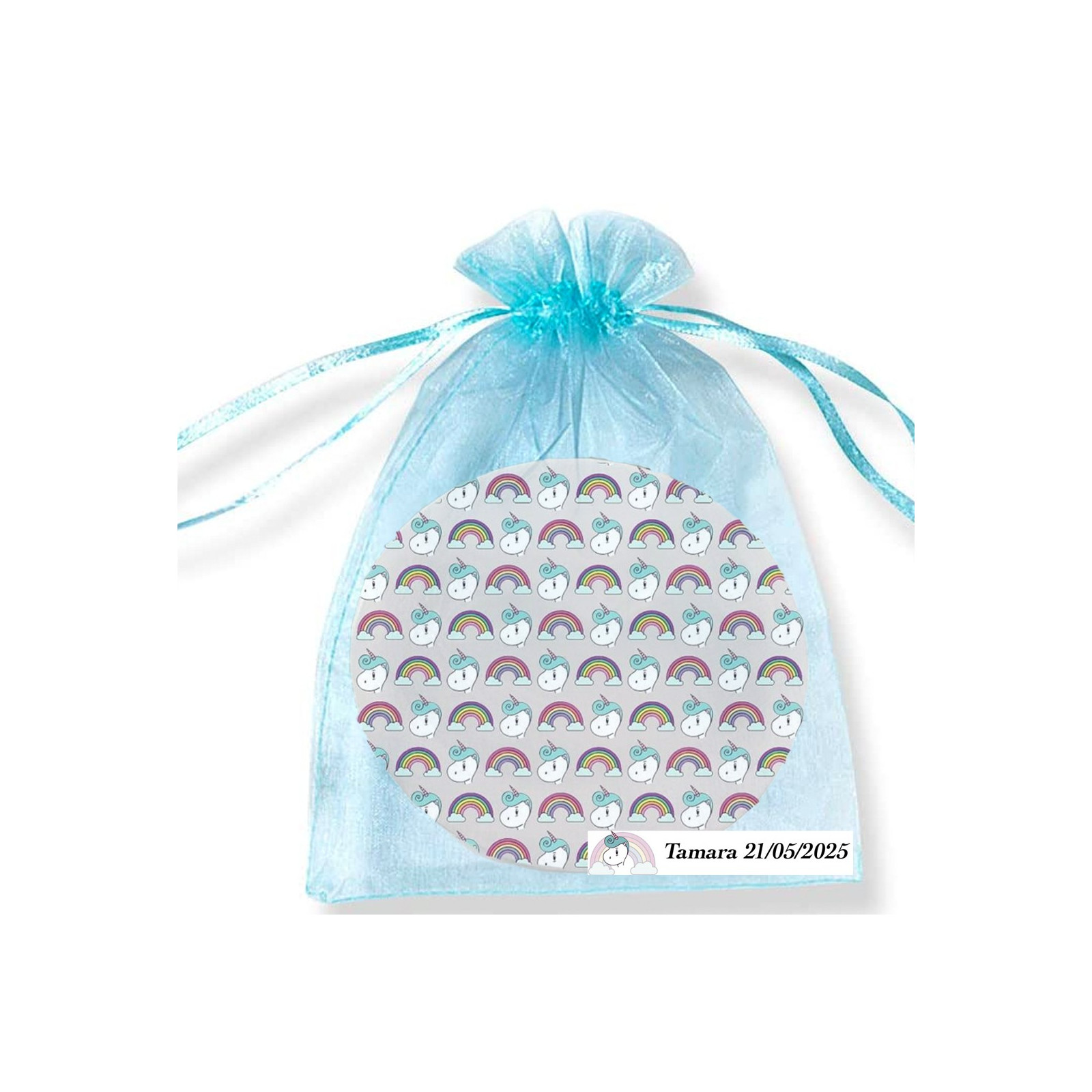Specchio unicorno in borsa di organza personalizzata per gli invitati