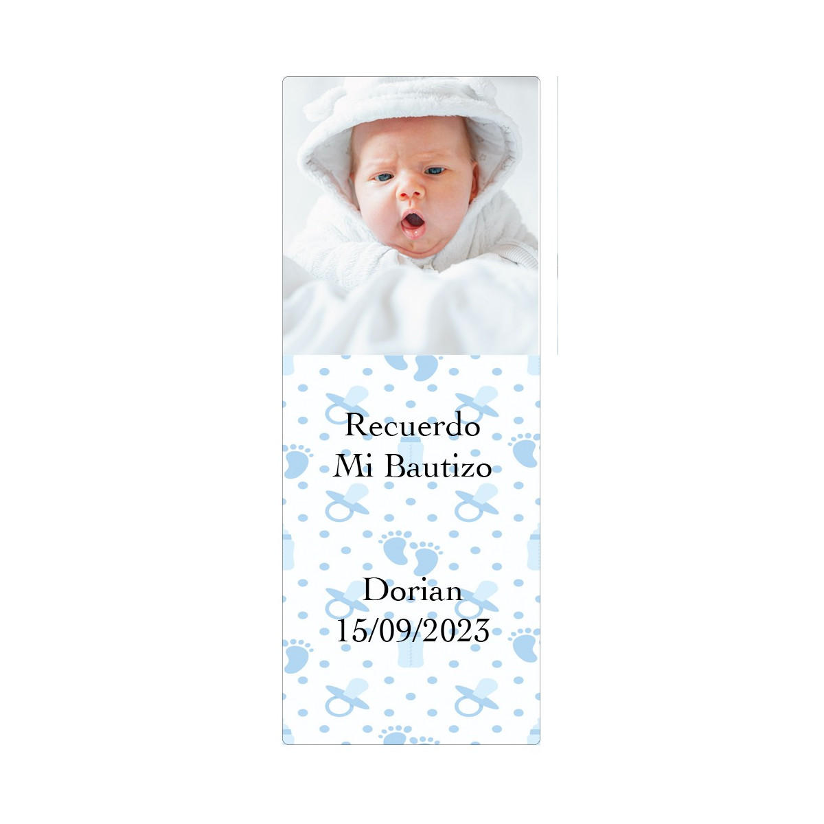 Adesivo celeste con foto personalizzato per battesimo