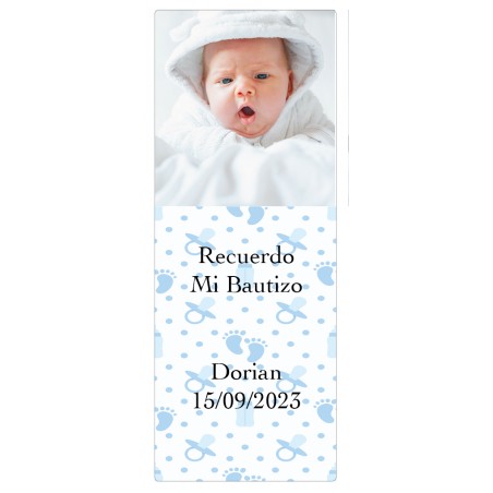 Adesivo fotografico personalizzato azzurro per battesimo