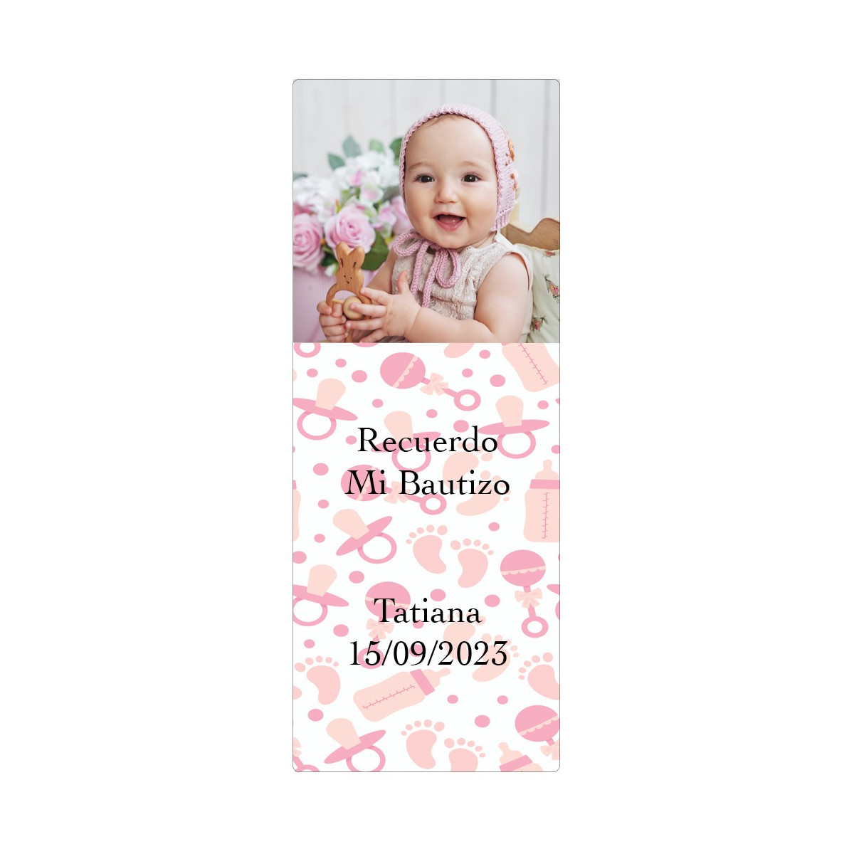 Adesivo rosa per battesimo personalizzato con foto
