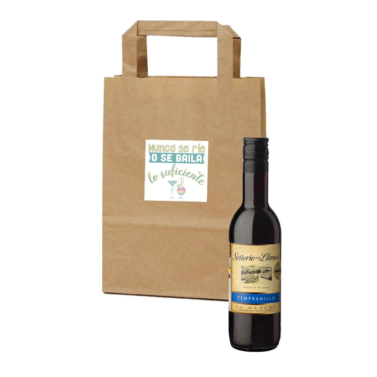 Bottiglia di vino in borsa di carta con adesivo di frase