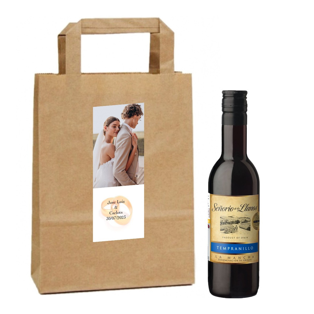 Vino rosso in borsa kraf personalizzata con foto