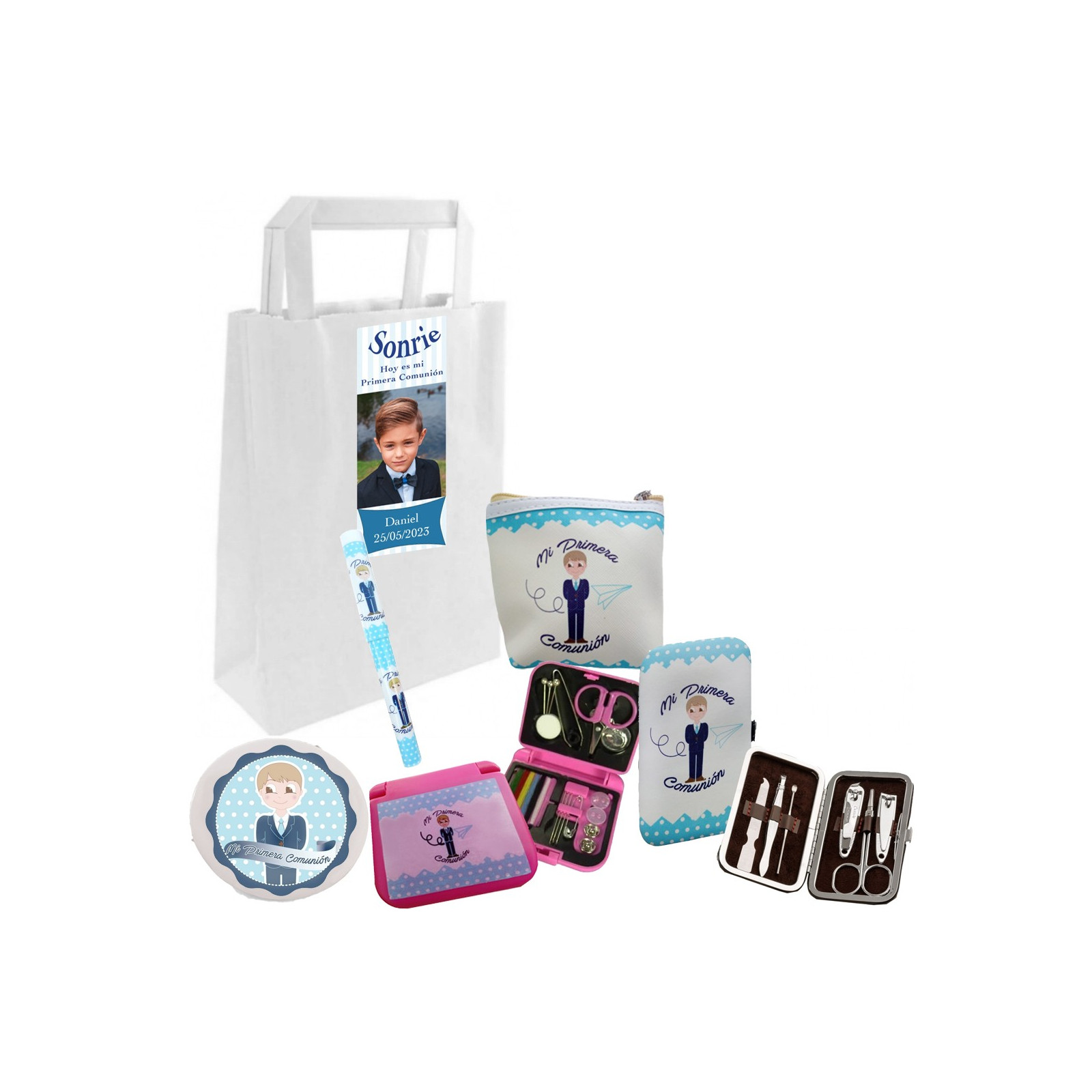 Set manicure comunione scatola da cucito borsetta specchio con adesivo e penna in sacchetto kraft personalizzato con foto