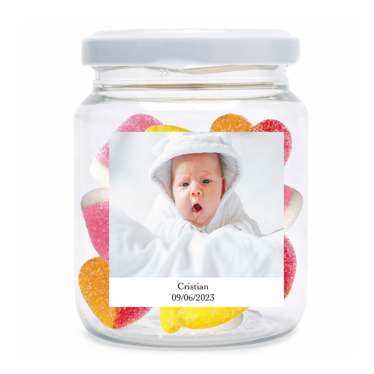 Barattolo di caramelle personalizzato con foto e testo per matrimoni, battesimi, comunioni, compleanni e aziende