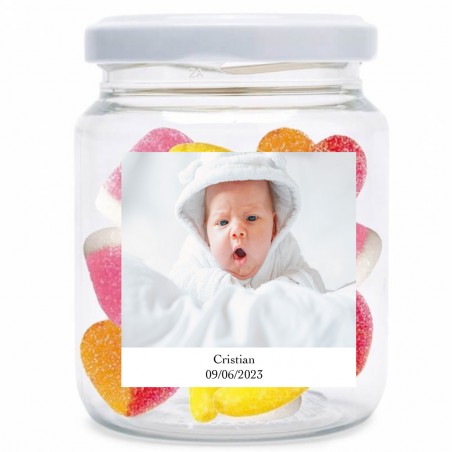 Barattolo di caramelle personalizzato con foto e testo per matrimoni, battesimi, comunioni, compleanni ed eventi aziendali.