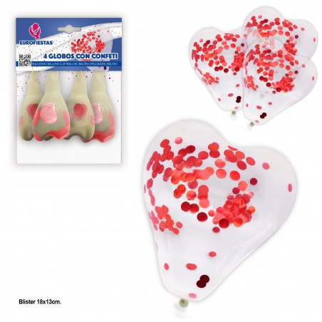 Palloncini cuore 4 con coriandoli rossi metallizzati