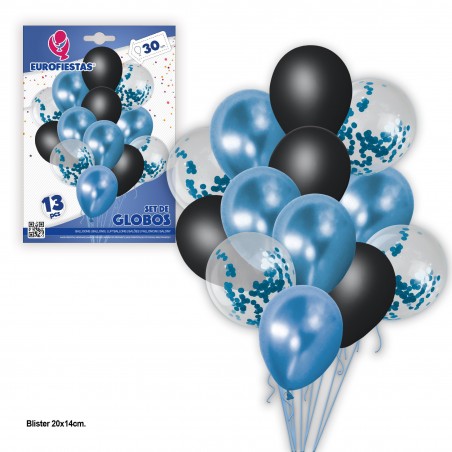 Set palloncini 13 coriandoli pastello cromo+blu