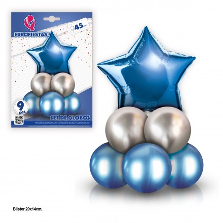 Set di 8 palloncini cromo con stella in poliamide blu