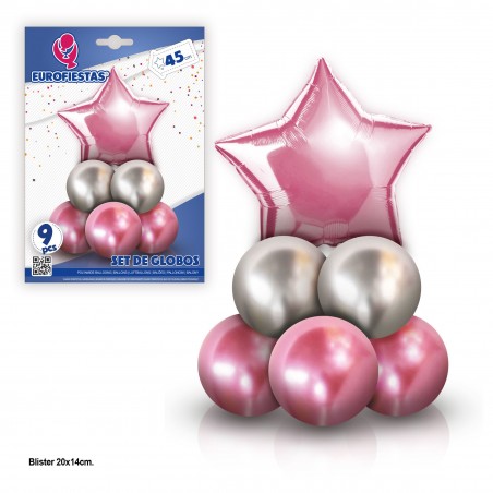 Set di 8 palloncini cromati con stella in poliammide rosa