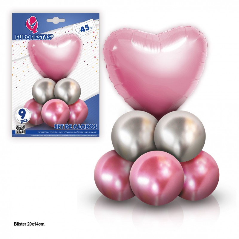 Set di 8 palloncini cromati con cuore in poliammide rosa