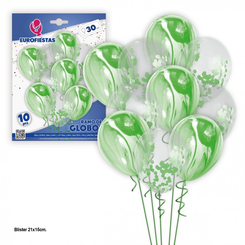 Set di 10 palloncini marmorizzati e coriandoli verdi