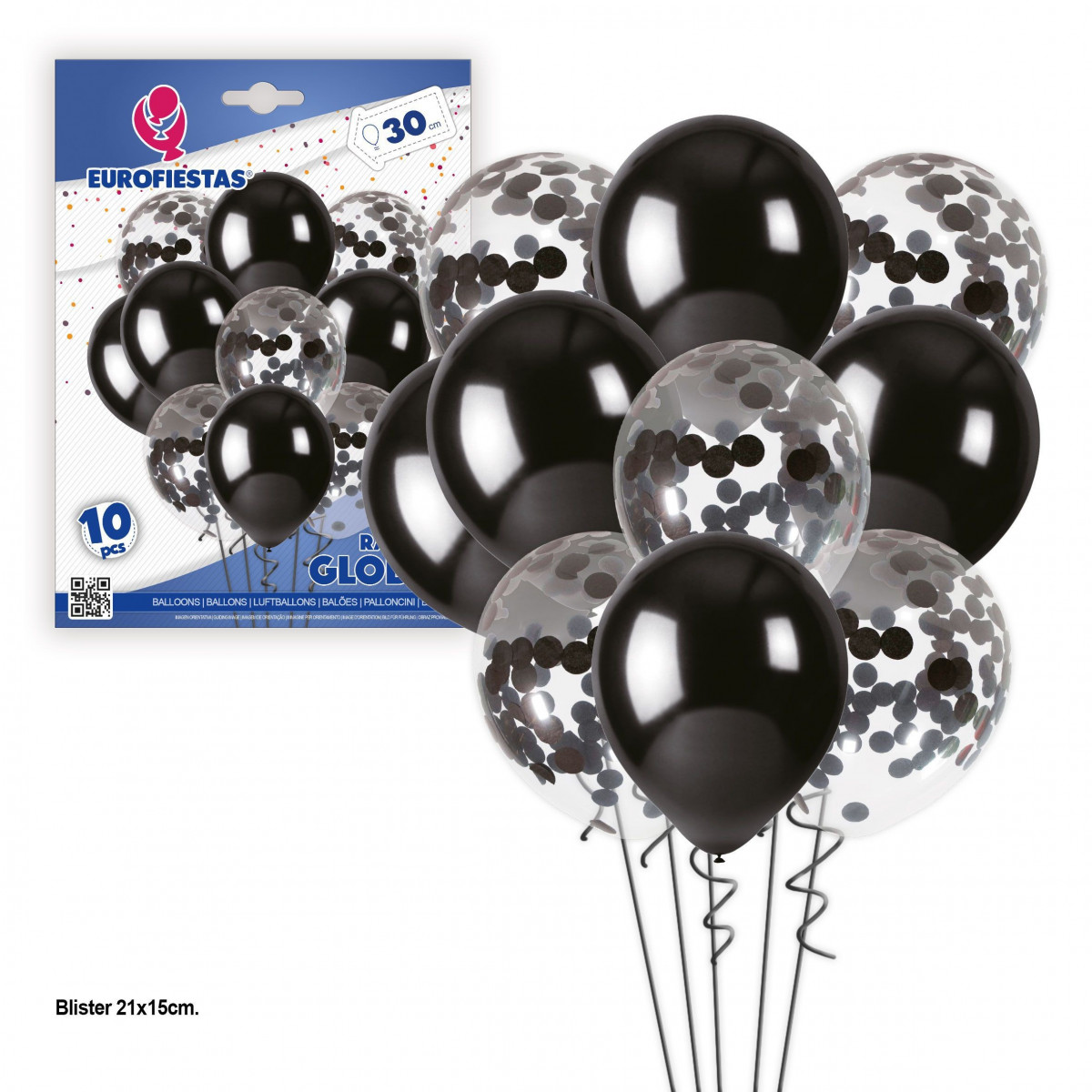 Ramo 10 palloncini neri e coriandoli argento