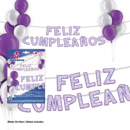 Ghirlanda di buon compleanno sirena viola con palloncini