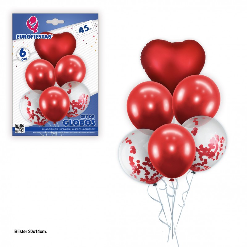 Set di palloncini in lattice rossi e coriandoli rossi con cuore rosso in poliammide
