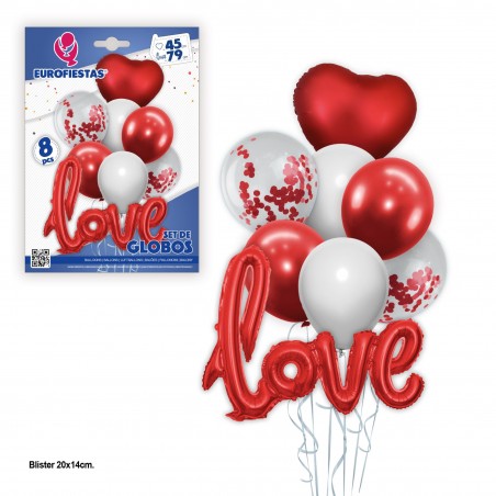Set di palloncini in lattice bianchi rossi e coriandoli rossi con cuore rosso e poliammide love