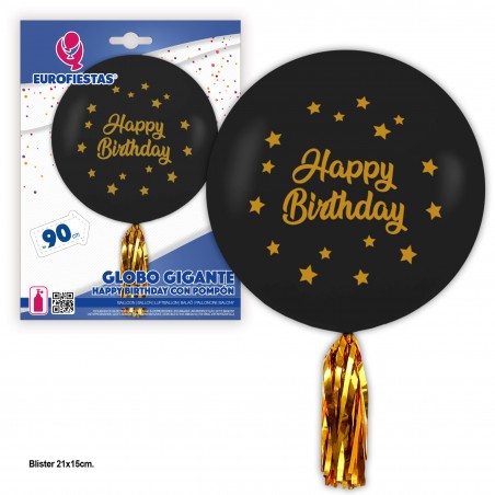 pallone in lattice gigante nero con pompon happy birthday stelle
